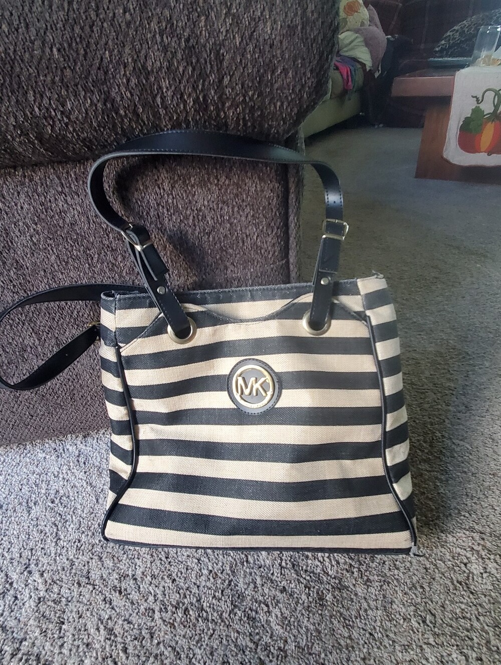 Michael Kors Black and Cream Striped Canvas Tote with MK Logo